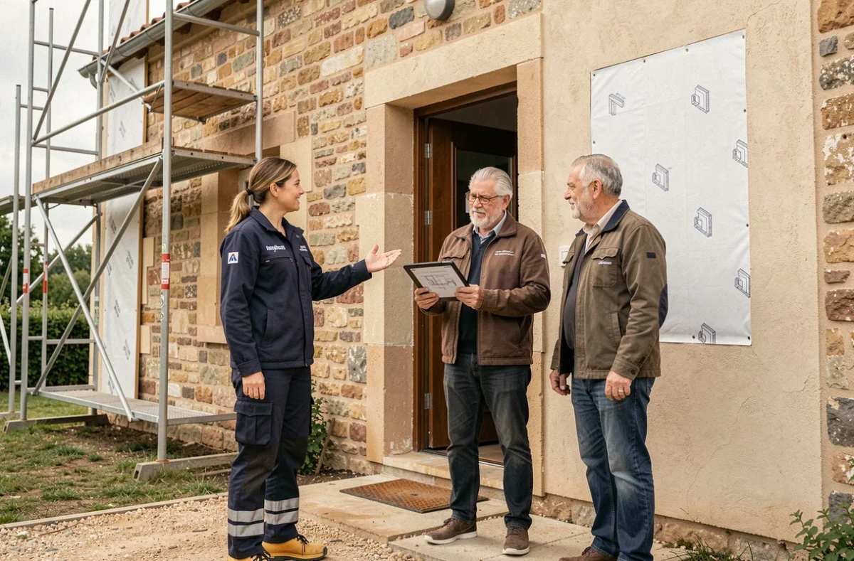 Conseillère AF Rénov consultant avec des propriétaires devant une maison en pierre vendéenne en cours de rénovation