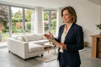 Agent immobilière professionnelle présentant un salon moderne lors d'une visite de bien haut de gamme