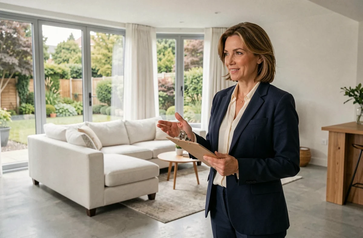 Agent immobilière professionnelle présentant un salon moderne lors d'une visite de bien haut de gamme