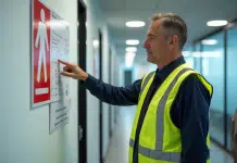 Agent de sécurité pointant le plan incendie dans un couloir moderne