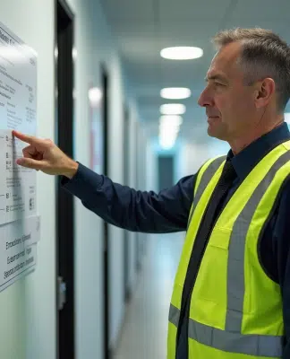 Agent de sécurité pointant le plan incendie dans un couloir moderne