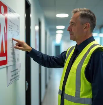 Agent de sécurité pointant le plan incendie dans un couloir moderne