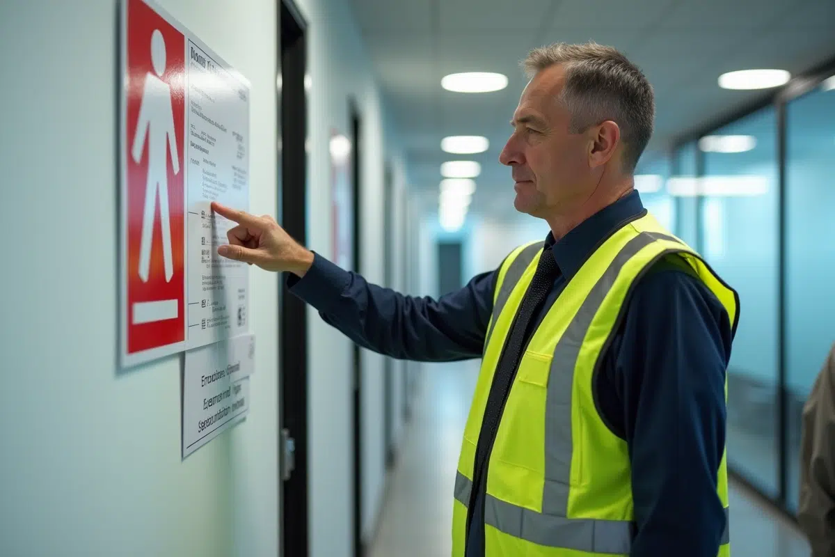 Agent de sécurité pointant le plan incendie dans un couloir moderne