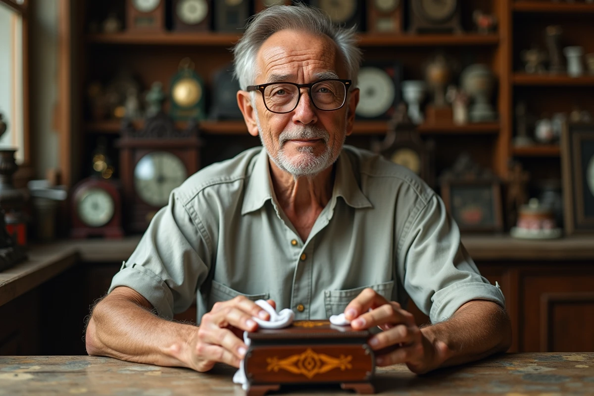 Antiquaire homme polissant une boîte à bijoux en marqueterie dans sa boutique vintage
