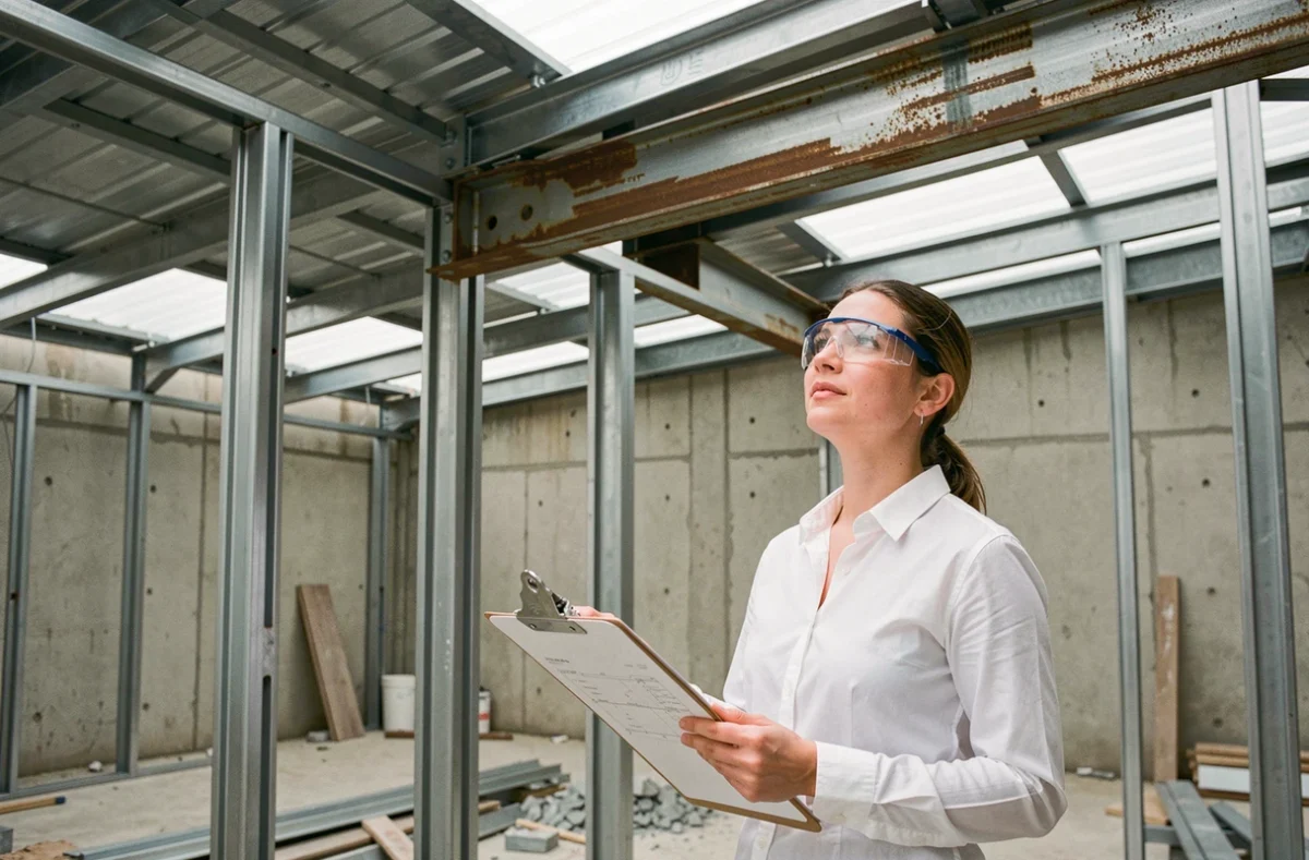 Architecte féminine examinant des matériaux de couverture en aluminium et en acier sur un chantier de bâtiment commercial en construction