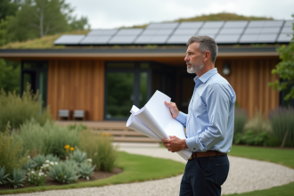 Architecte avec plans devant une maison écologique moderne