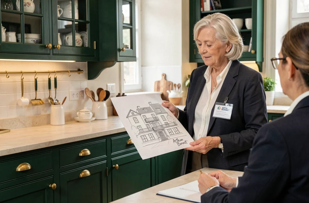 Showroom Arthur Bonnet à Charleville-Mézières avec une cuisine traditionnelle verte et dorée et une conseillère en consultation avec une cliente