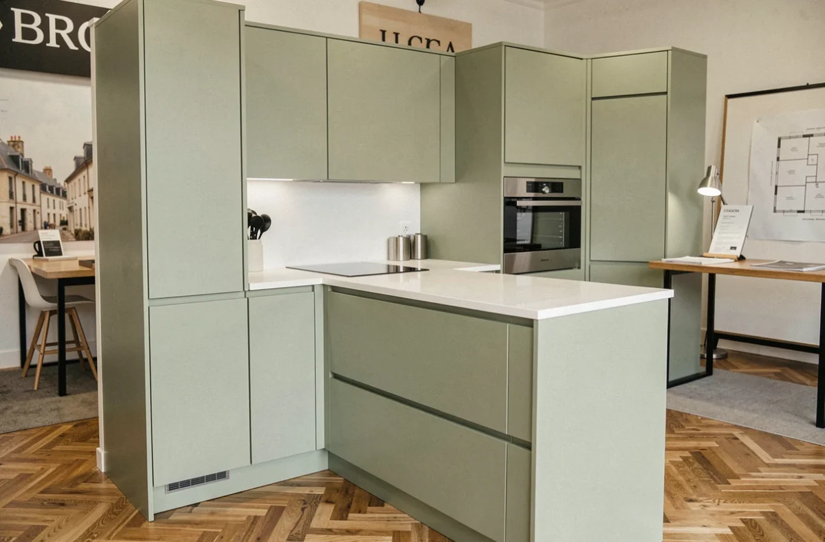 Cuisine moderne vert sauge avec façades sans poignées exposée dans le showroom Arthur Bonnet à Yssingeaux