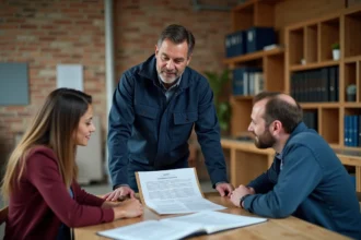 Artisan présentant un contrat de travaux à un couple de propriétaires dans un bureau de chantier organisé