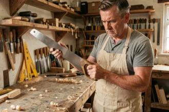 Artisan menuisier examinant attentivement une scie à main avant achat dans un atelier en bois encombré d'outils