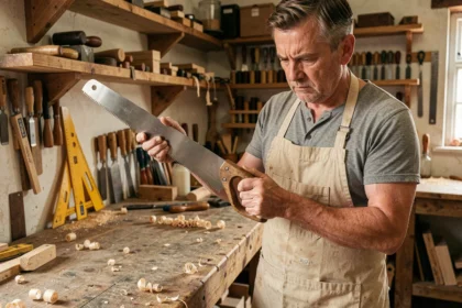 Artisan menuisier examinant attentivement une scie à main avant achat dans un atelier en bois encombré d'outils