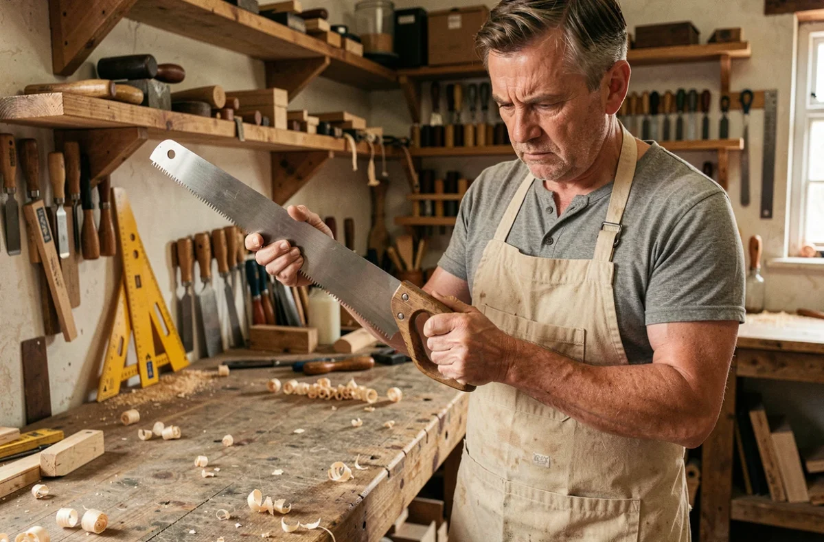 Artisan menuisier examinant attentivement une scie à main avant achat dans un atelier en bois encombré d'outils