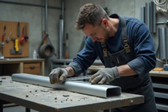 Artisan mesurant un tube rectangulaire en aluminium sur un établi de chantier dans un atelier professionnel