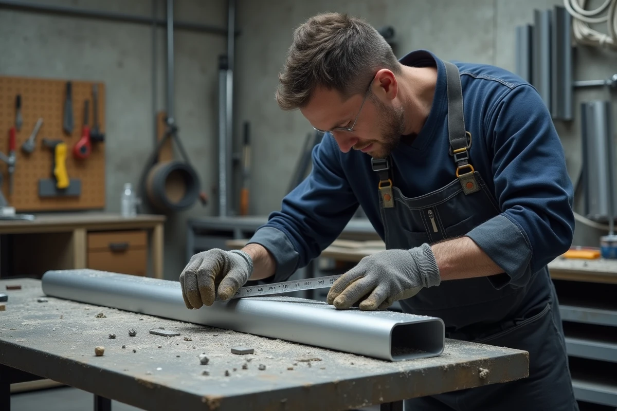 Artisan mesurant un tube rectangulaire en aluminium sur un établi de chantier dans un atelier professionnel