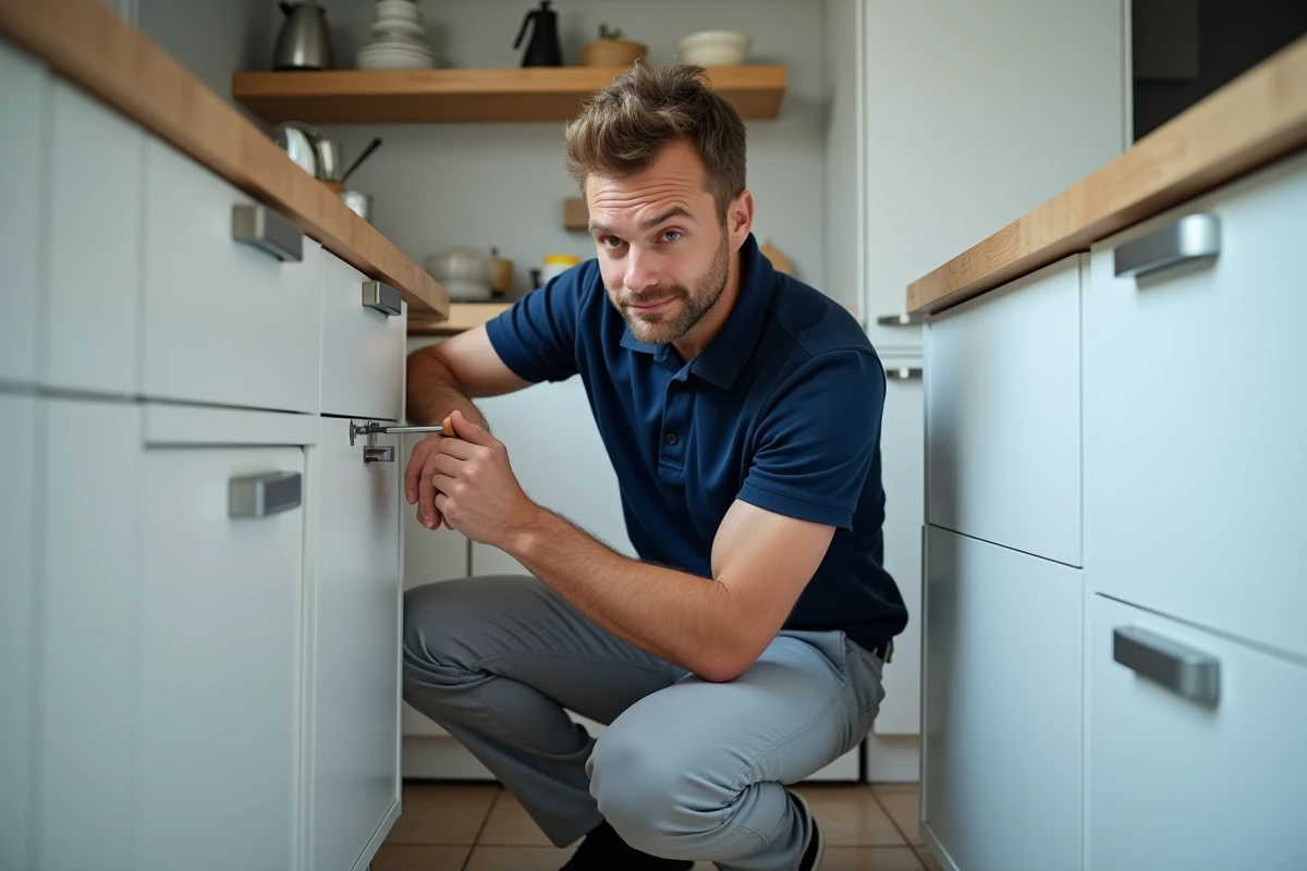 Artisan professionnel réparant une porte de placard dans une cuisine moderne lors d'une intervention à domicile
