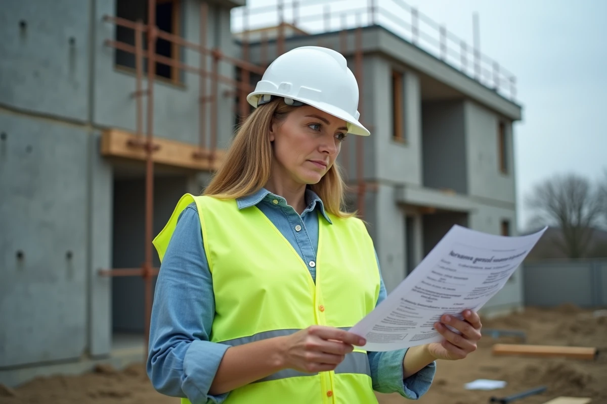 Artisanne en gilet jaune consultant un document d'assurance sur un chantier de rénovation résidentiel