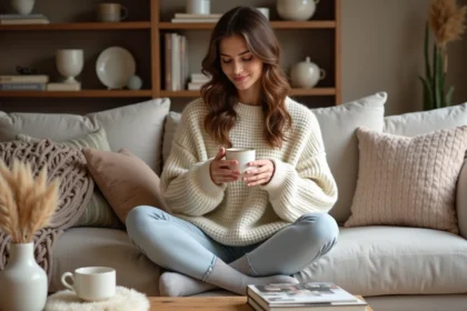 Femme détendue en pull tricoté crème installée sur un canapé cosy entouré de plaids et coussins hygge dans un salon chaleureux aux tons naturels