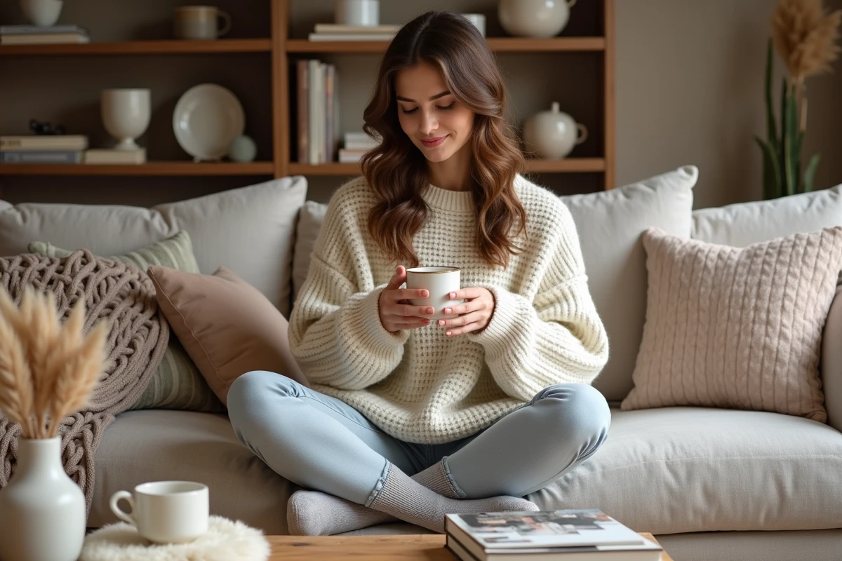 Femme détendue en pull tricoté crème installée sur un canapé cosy entouré de plaids et coussins hygge dans un salon chaleureux aux tons naturels