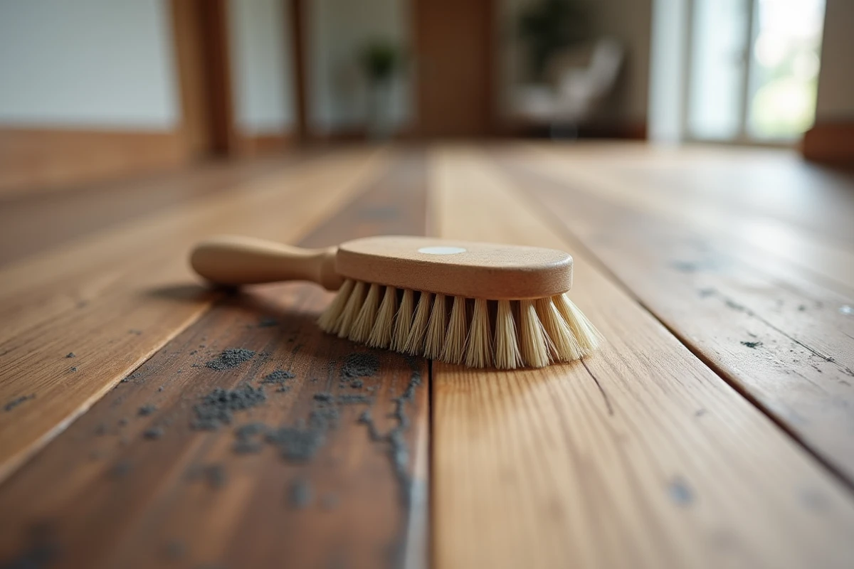 Comparaison avant-après sur un parquet en noyer montrant les joints noircis non traités à gauche et les joints restaurés propres à droite avec une brosse de nettoyage