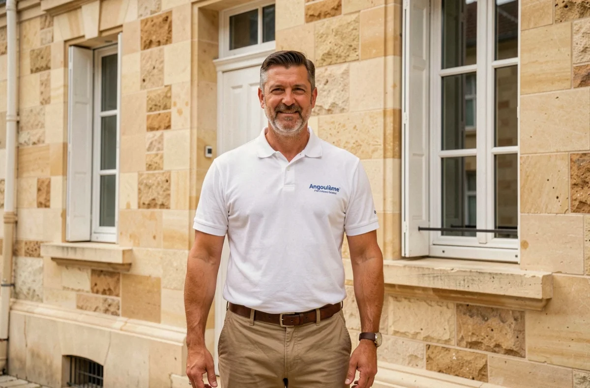 Entrepreneur devant une façade en pierre rénovée à Angoulême, représentant Avenir Rénovations