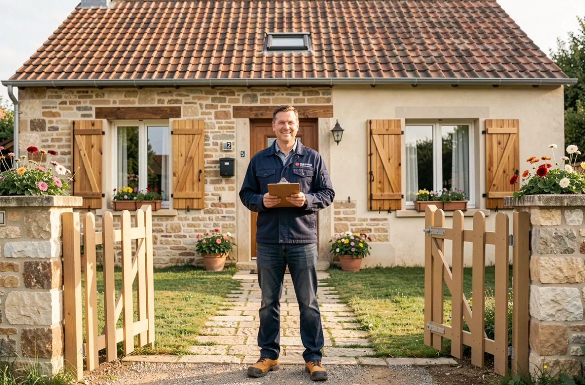 Entrepreneur BG Rénovation devant une maison vendéenne entièrement rénovée avec volets en bois et nouvelle toiture