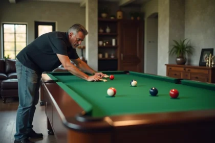 Table de billard américain professionnelle de 9 pieds installée dans un salon moderne spacieux avec murs en béton et parquet foncé