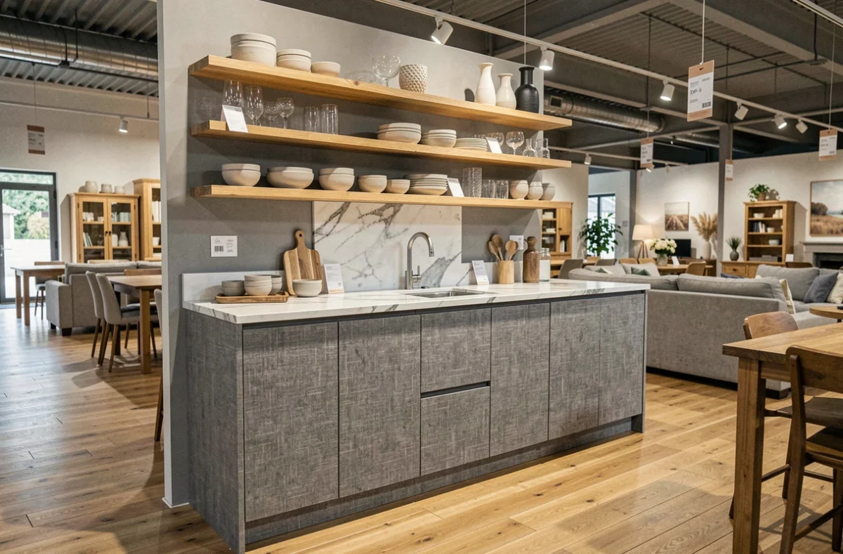 Modèle de cuisine exposé chez Charras Meubles avec façades gris lin et plan de travail en marbre blanc