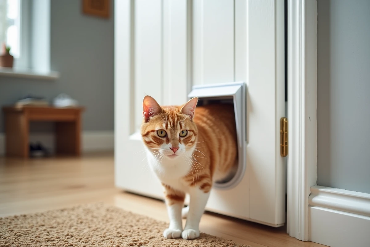 Chat tabby passant à travers une chatière installée dans une porte PVC blanche