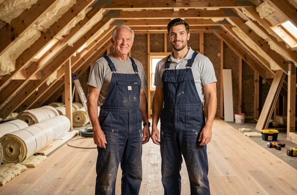 Duo père-fils en salopette de travail dans un chantier de rénovation de combles, représentant l'entreprise Claude Bourgeois et Fils
