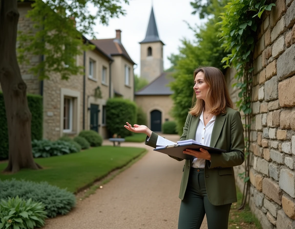 Propriétaire inspectant une clôture en pierre à rénover dans un village classé en zone patrimoniale protégée
