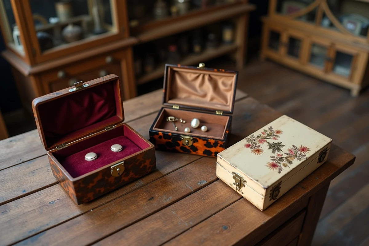 Trois boîtes à bijoux vintage ouvertes sur une table en bois d'un magasin d'antiquités