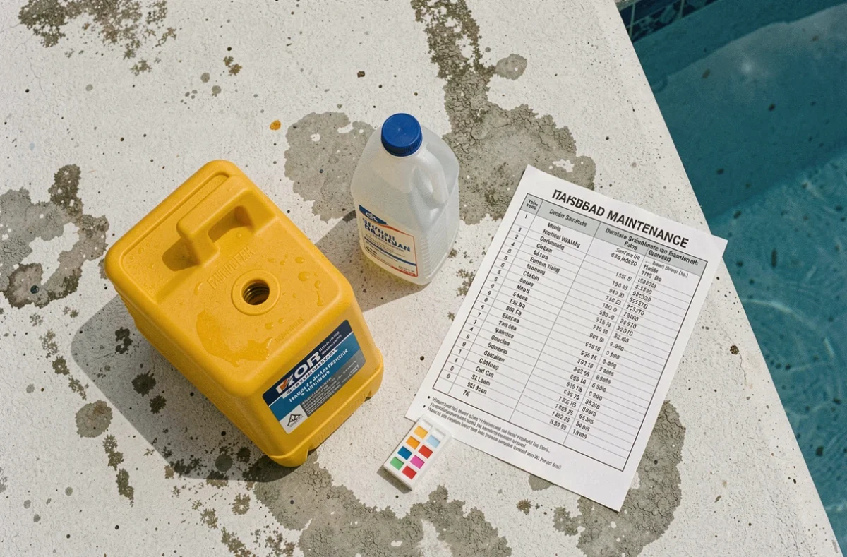 Comparaison entre chlore classique et eau de javel avec kit de test de piscine posés sur une margelle en béton