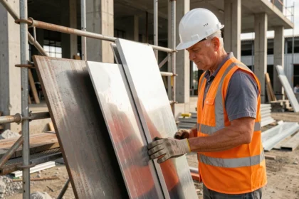 Ouvrier de chantier comparant une tôle en acier et une tôle en aluminium sur un chantier de construction industriel