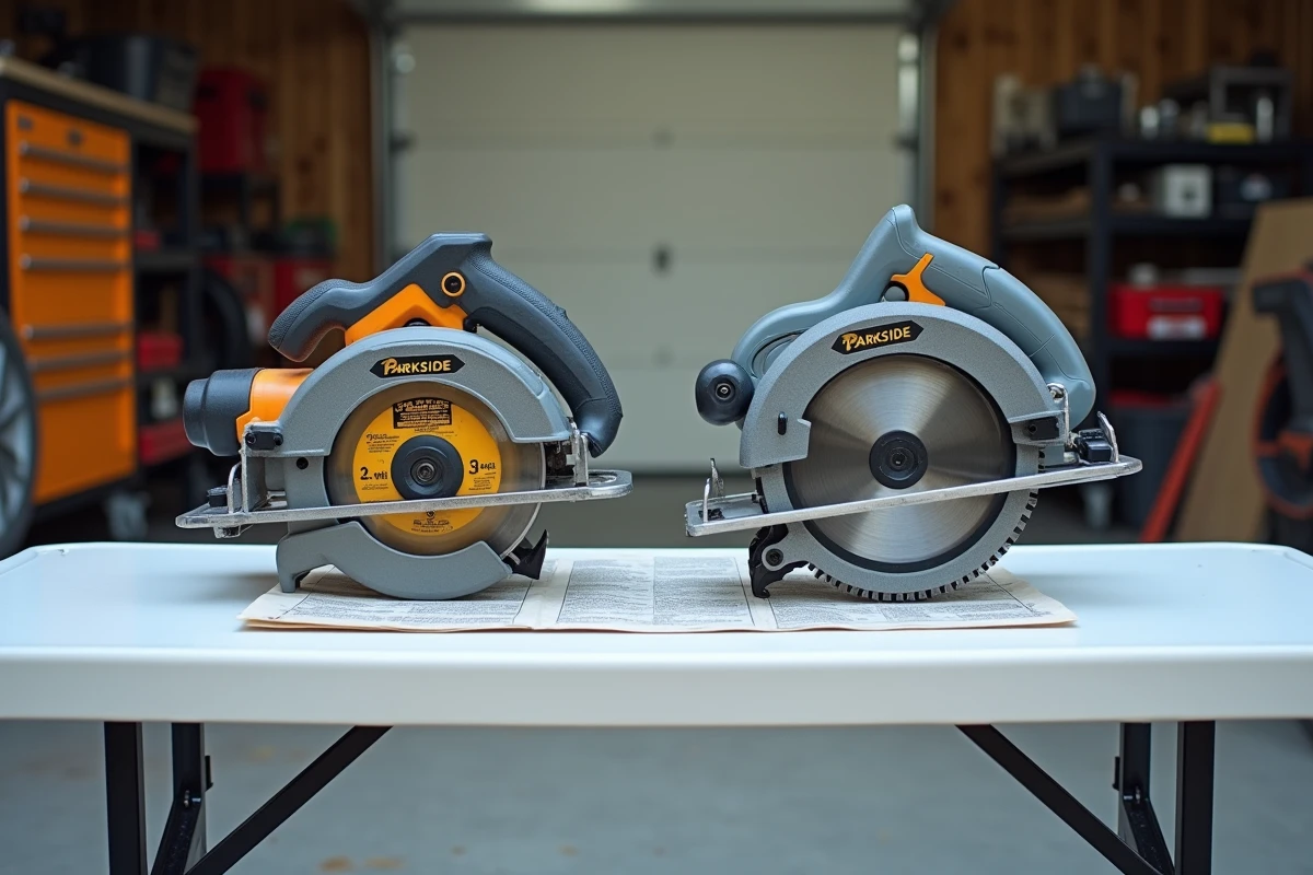Comparatif de deux modèles de scies circulaires Parkside Lidl côte à côte sur une table blanche en garage, avec règle et fiche technique pour comparer puissance et diamètre de lame