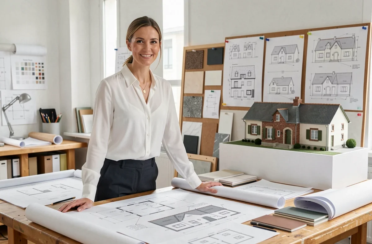 Architecte féminine devant des plans et maquettes de rénovation dans un bureau d'études, représentant Conception Habitat et Maîtrise d'œuvre