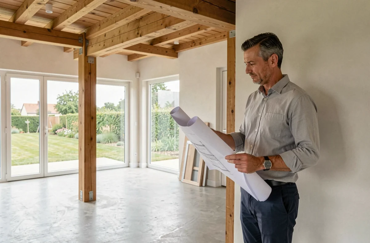 Designer de Conception et Qualité examinant les finitions d'un intérieur rénové avec poutres en chêne en Vendée