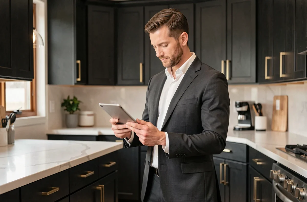 Conseiller immobilier masculin consultant une tablette dans une cuisine contemporaine haut de gamme lors d'une estimation
