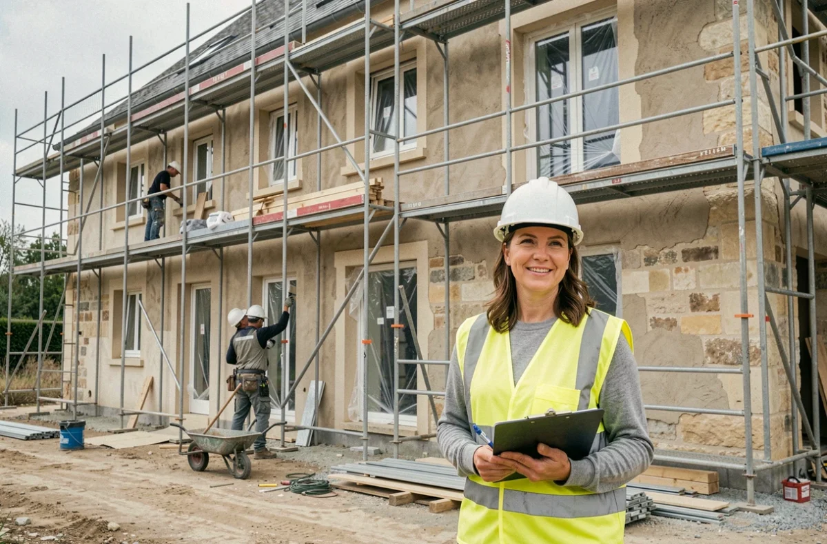 Coordinatrice de chantier en gilet jaune sur un site de rénovation en Charente, représentant Coorpibat