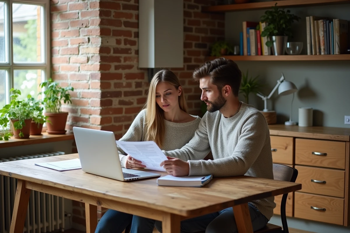 Couple examinant un audit énergétique à domicile avec pompe à chaleur murale dans un intérieur éco-responsable