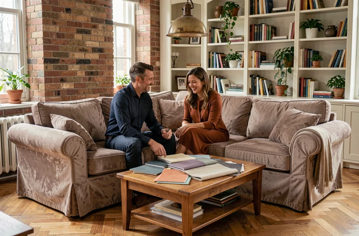 Couple choisissant une housse canapé d'angle convertible en velours taupe dans un salon chaleureux et décoré