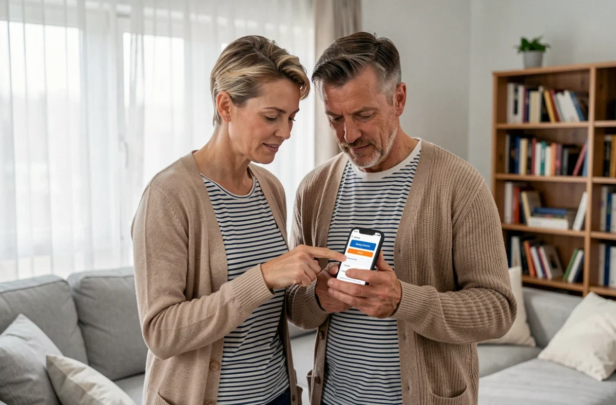 Couple comparant les avis et garanties d'une assurance habitation sur smartphone