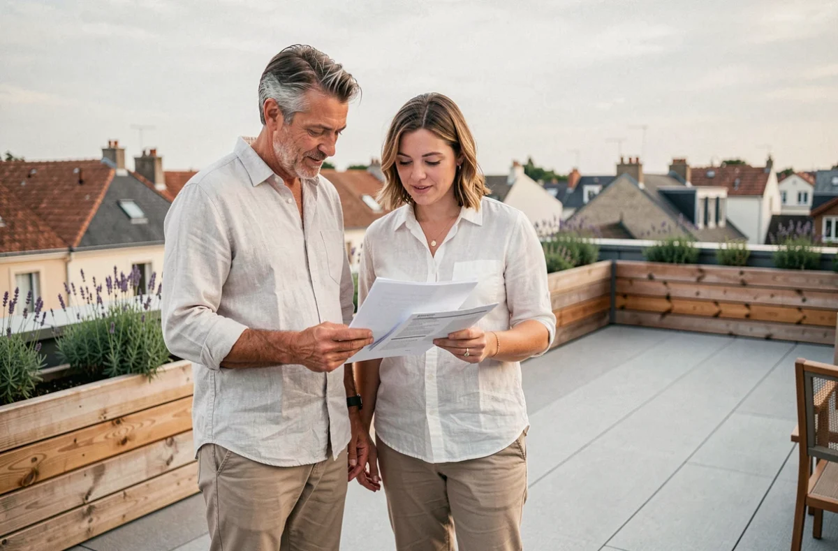 Couple examinant un devis de rénovation de toit terrasse en résine sur une terrasse moderne