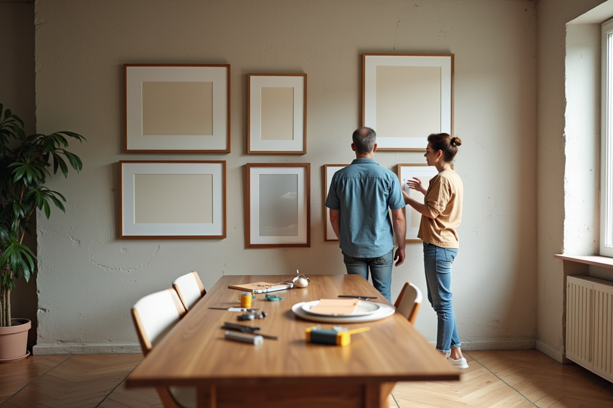 Couple regardant des œuvres encadrées dans une salle à manger lumineuse