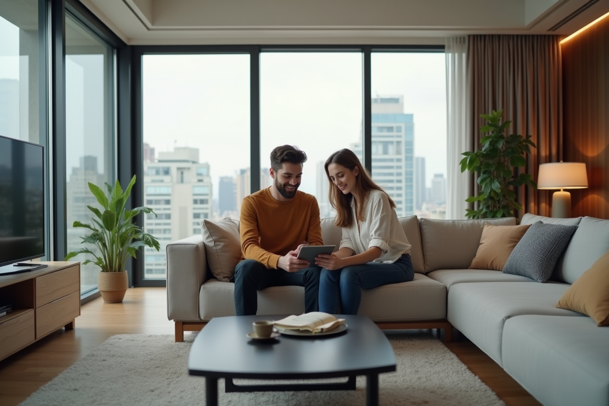 Jeune couple discutant avec une tablette dans un salon urbain