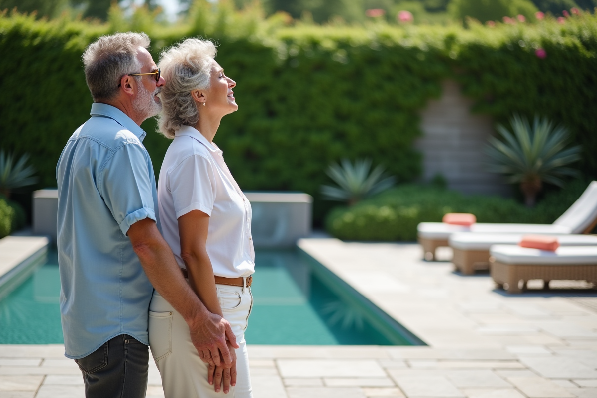 Couple français examine une piscine moderne lors d'un salon
