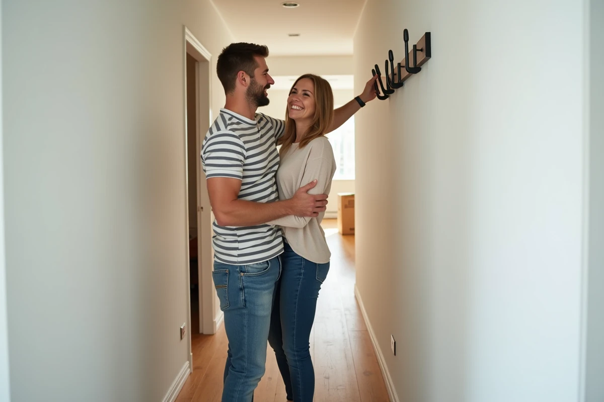 Couple satisfait admirant une installation récente dans le couloir de leur appartement rénové