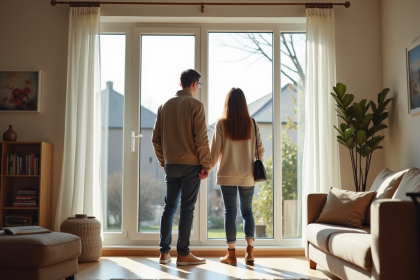 Couple regardant une grande fenetre triple vitrage dans leur salon