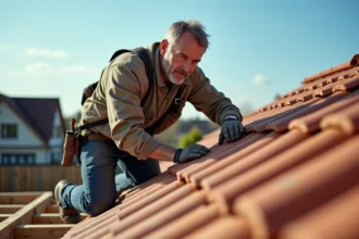 Couvreur posant des tuiles en terre cuite sur une nouvelle toiture résidentielle en construction