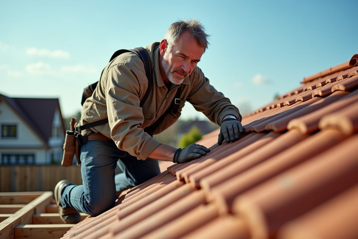 Couvreur posant des tuiles en terre cuite sur une nouvelle toiture résidentielle en construction