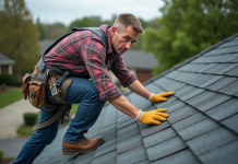 Impact de marcher sur un toit en bardeaux : risques et solutions Couvreur homme inspectant un toit résidentiel en ardoises